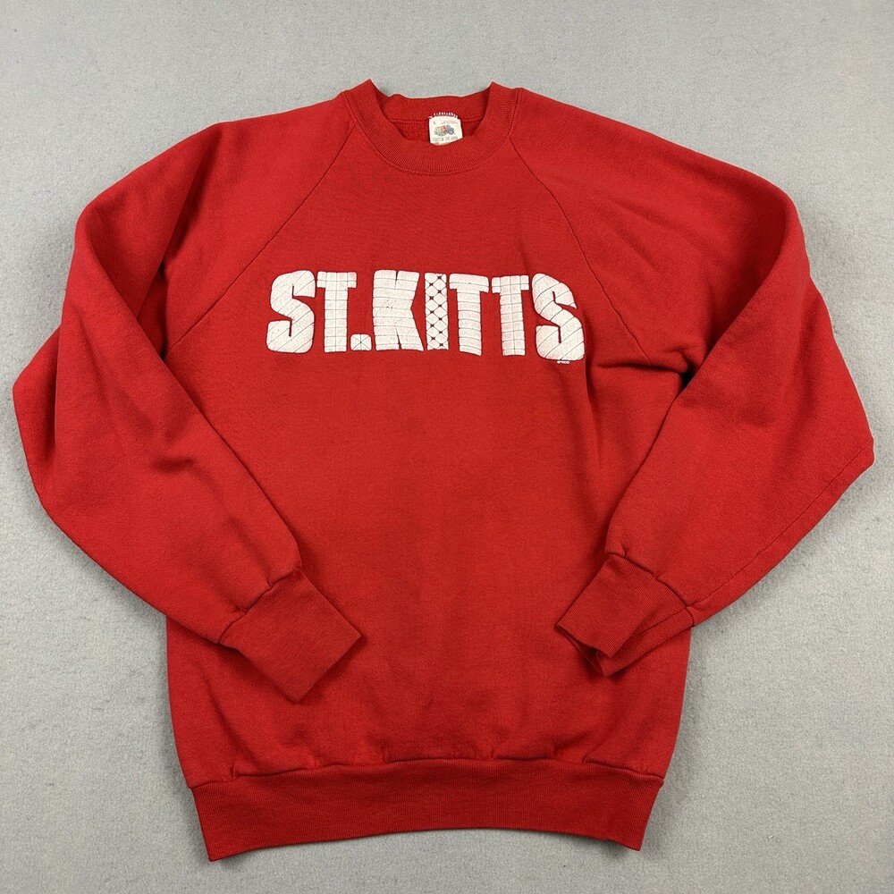 Vintage St. Kitts Sweatshirt Men Large Red White Puff Spell Out Crew USA L
